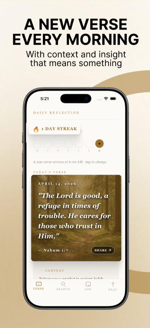 Daily verse screen showing Nahum 1:7 with context and streak tracker