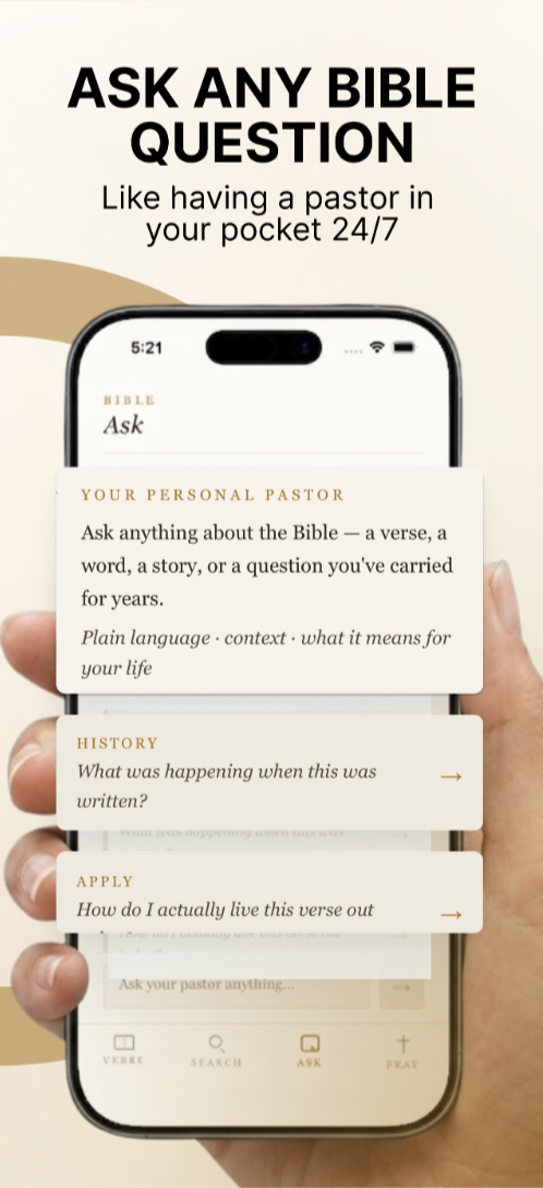 Ask screen with cards for History and Apply, showing Bible Ask interface